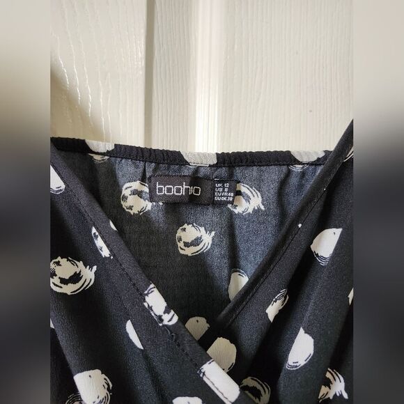 Boohoo Black & White Polka Dot Print Wrap Style Baggy Wide Leg Jumpsuit S - Picture 4 of 10